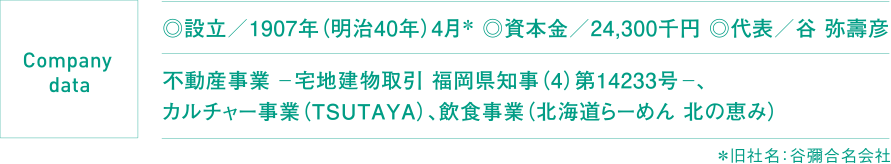 ◎設立/1907年(明治40年)4月* ◎資本金/24,300千円 ◎代表/谷 弥壽彦 不動産事業 − 宅地建物取引 福岡県知事(4)第14233号 −、
カルチャー事業(TSUTAYA)、飲食事業(北海道らーめん 北の恵み)