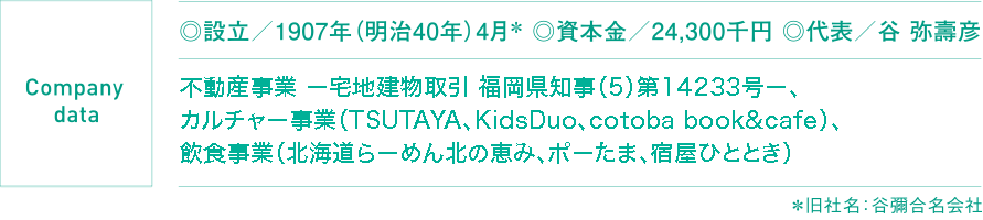 ◎設立/1907年(明治40年)4月* ◎資本金/24,300千円 ◎代表/谷 弥壽彦 不動産事業 − 宅地建物取引 福岡県知事(5)第14233号 −、カルチャー事業(TSUTAYA、KidsDuo、cotoba book&cafe)、飲食事業(北海道らーめん 北の恵み、ポーたま、宿屋ひととき)