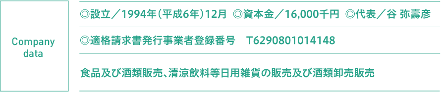 ◎設立／1994年（平成6年）12月 ◎資本金／16,000千円 ◎代表／谷 弥壽彦 食品及び酒類販売、清涼飲料等の小売及び酒類卸売販売